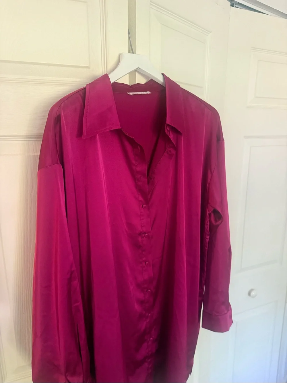 12th Tribe Hot Pink Satin Shiny Shirt Dress Button Down Collared Mini Large - Picture 4 of 8